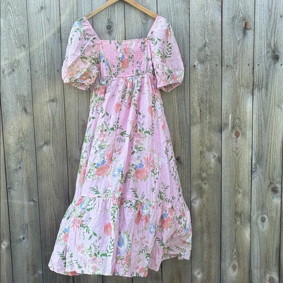 By The River Floral Pink Puff Midi Sleeve Dress - Picture 6 of 15
